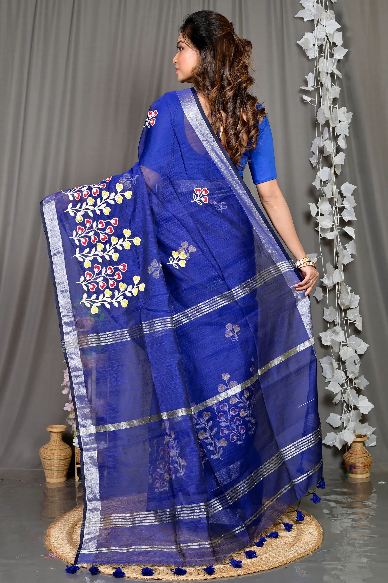 Blue Cotton Blended Paroni Embroidery Handloom saree (499)