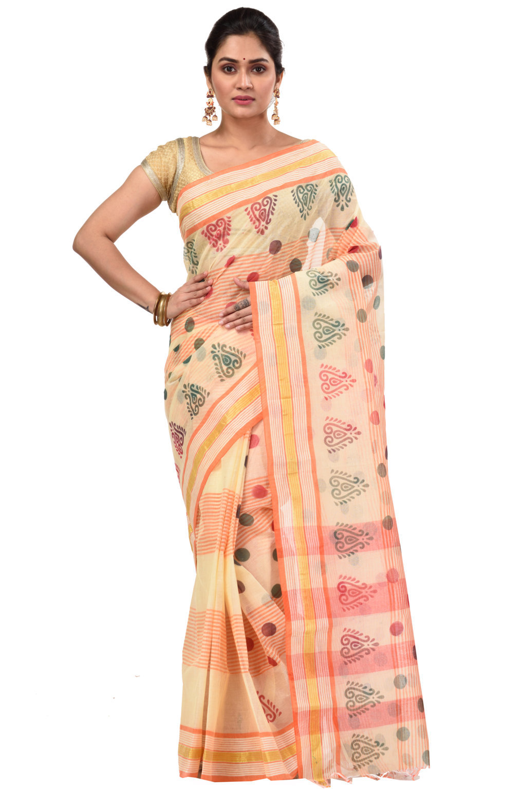 Orange Pure Cotton Matha Saree Tant Saree Print (5010)