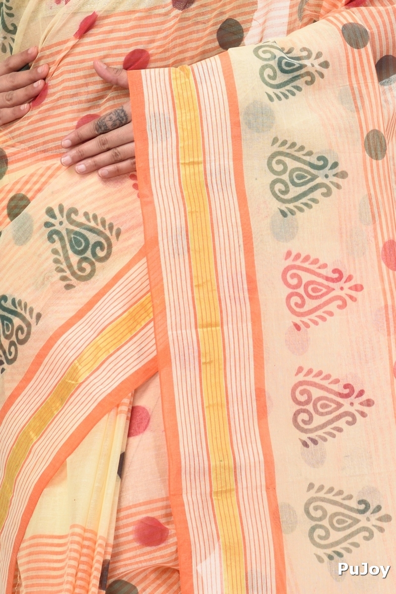Orange Pure Cotton Matha Saree Tant Saree Print (5010)