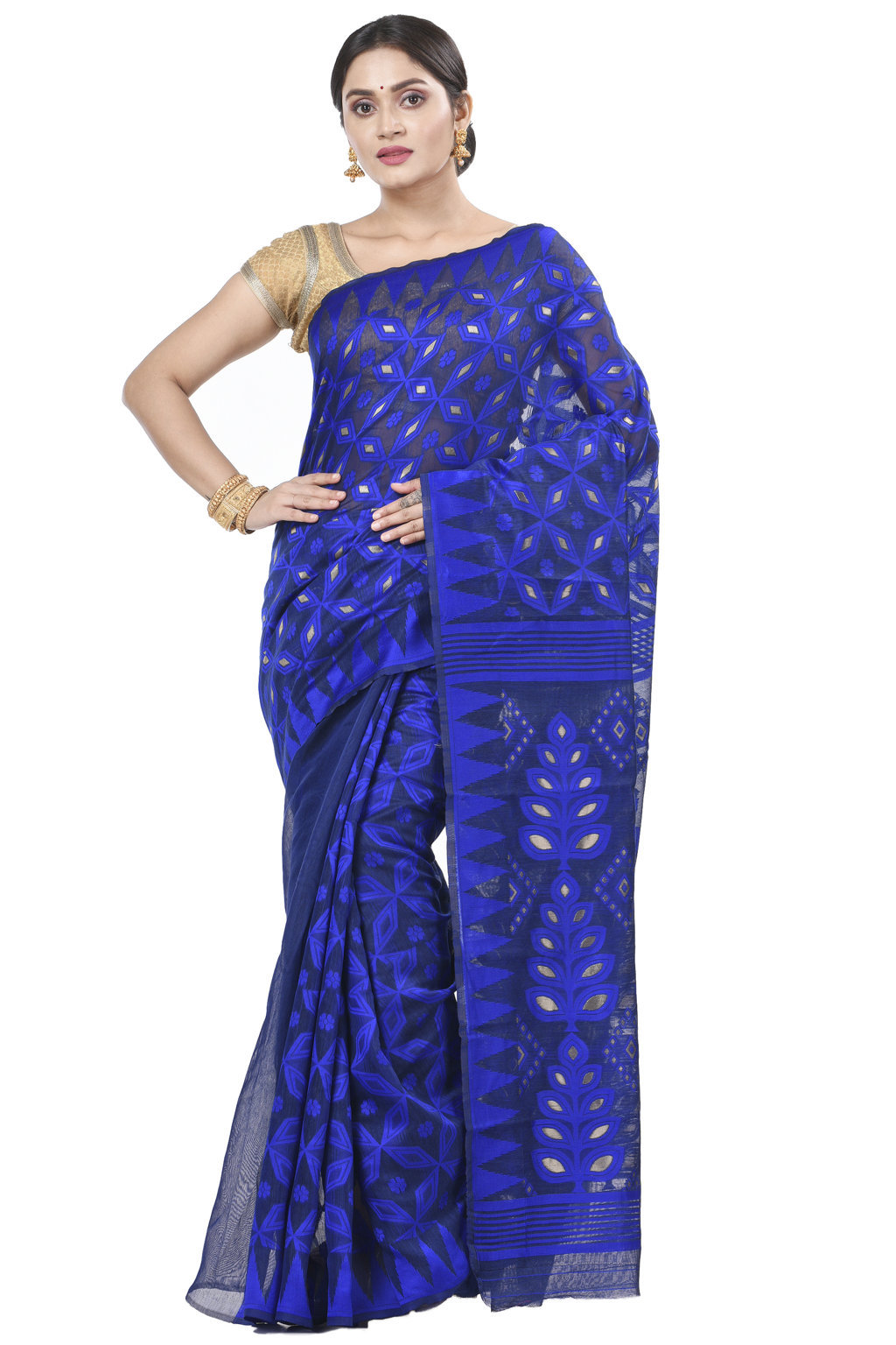 Blue Pure Cotton Minakari_Jmdni Jamdani Saree (506)