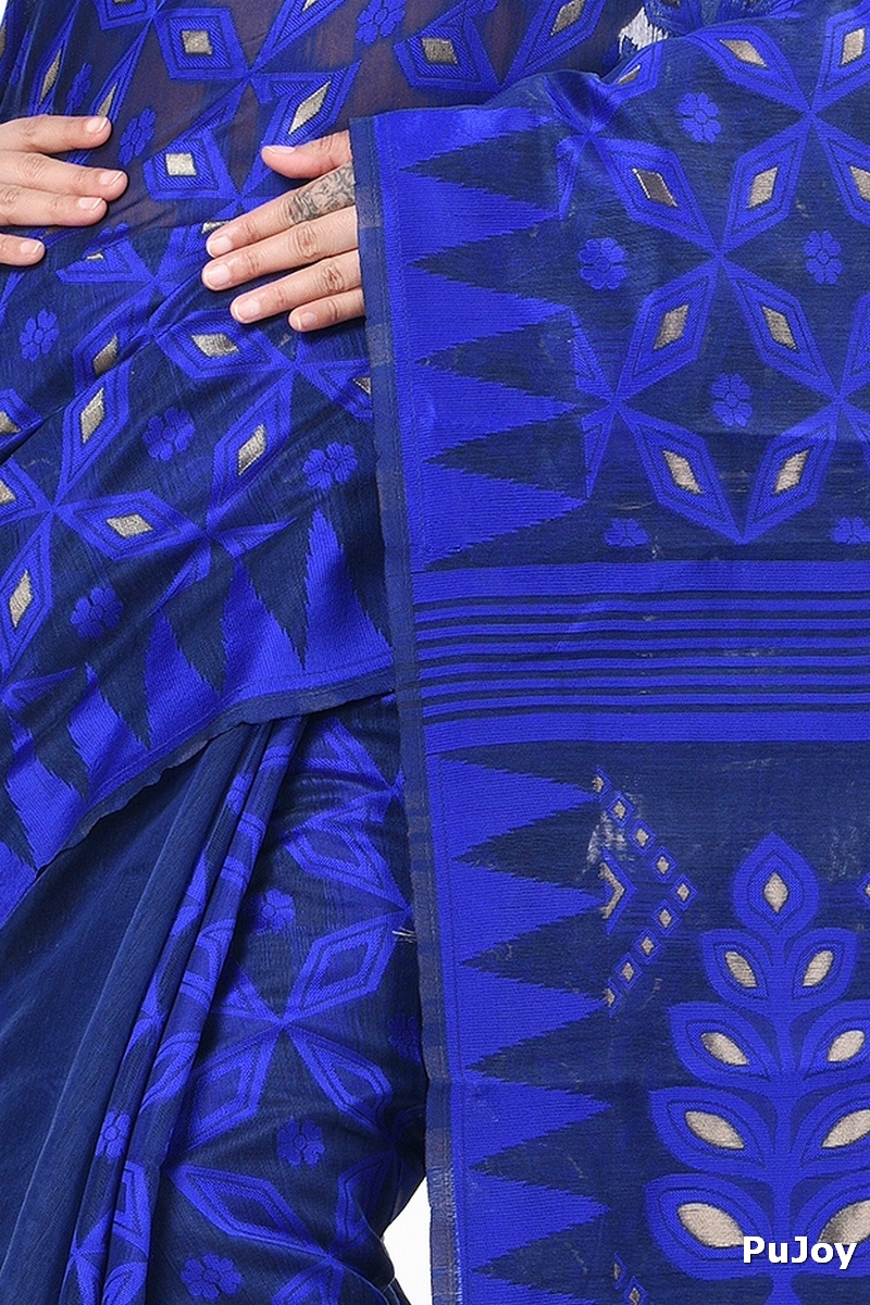 Blue Pure Cotton Minakari_Jmdni Jamdani Saree (506)