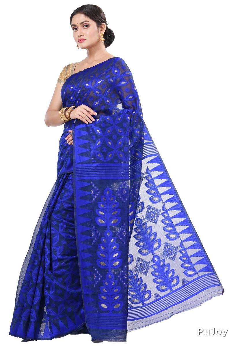 Blue Pure Cotton Minakari_Jmdni Jamdani Saree (506)