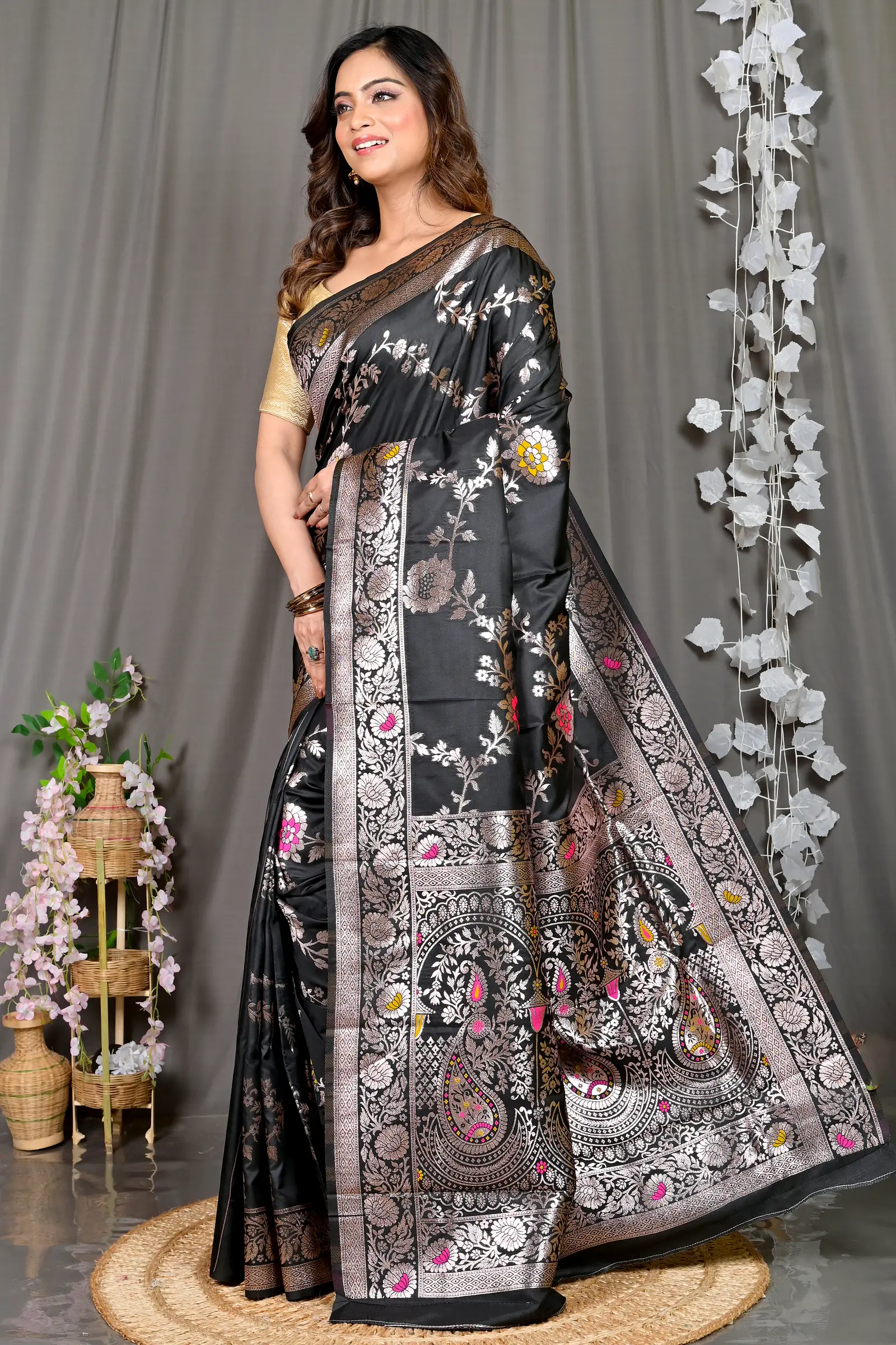 Black Cotton Silk Parosha Kathan Saree (510)