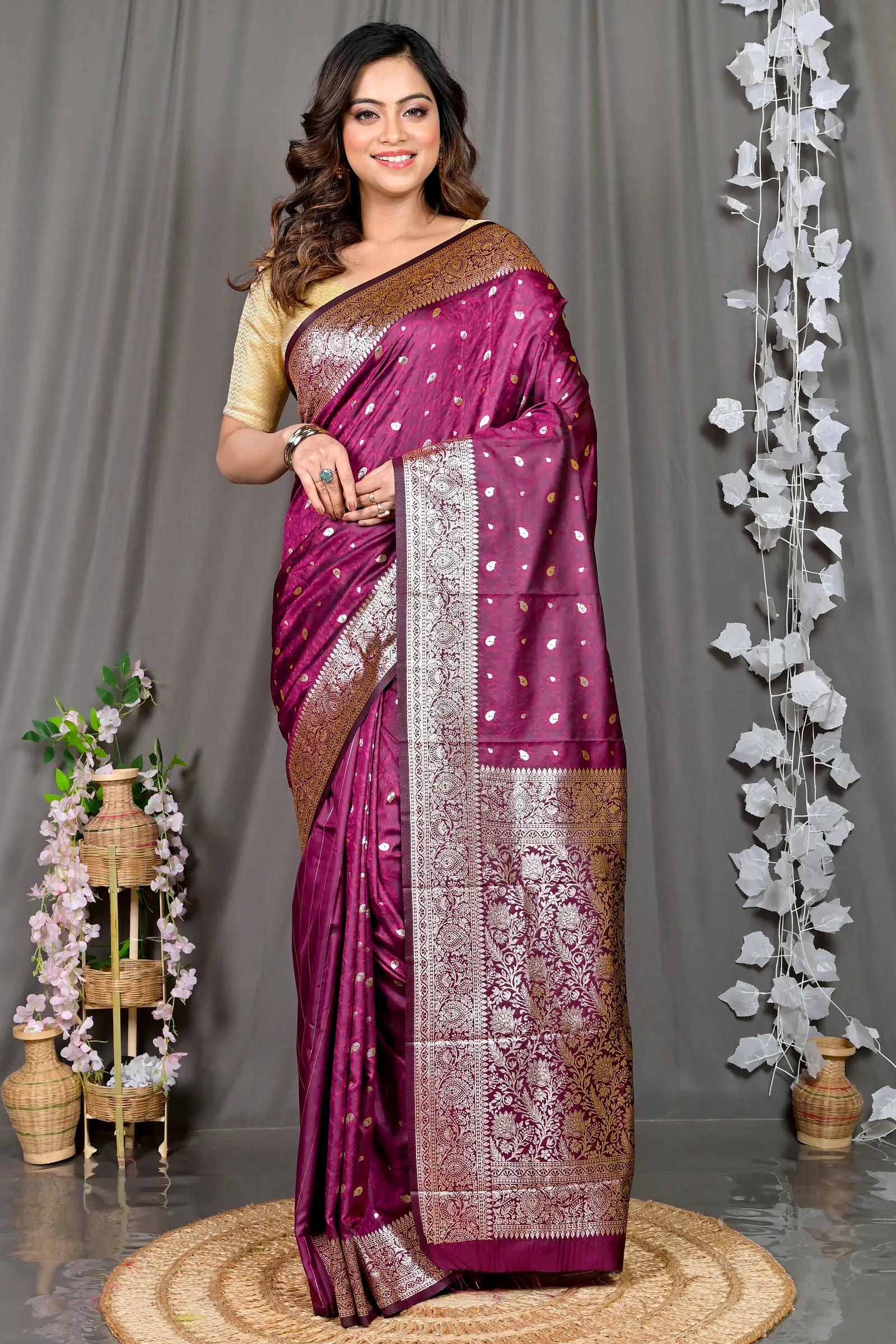 Maroon Cotton Silk Parova Tanchui Saree (512)