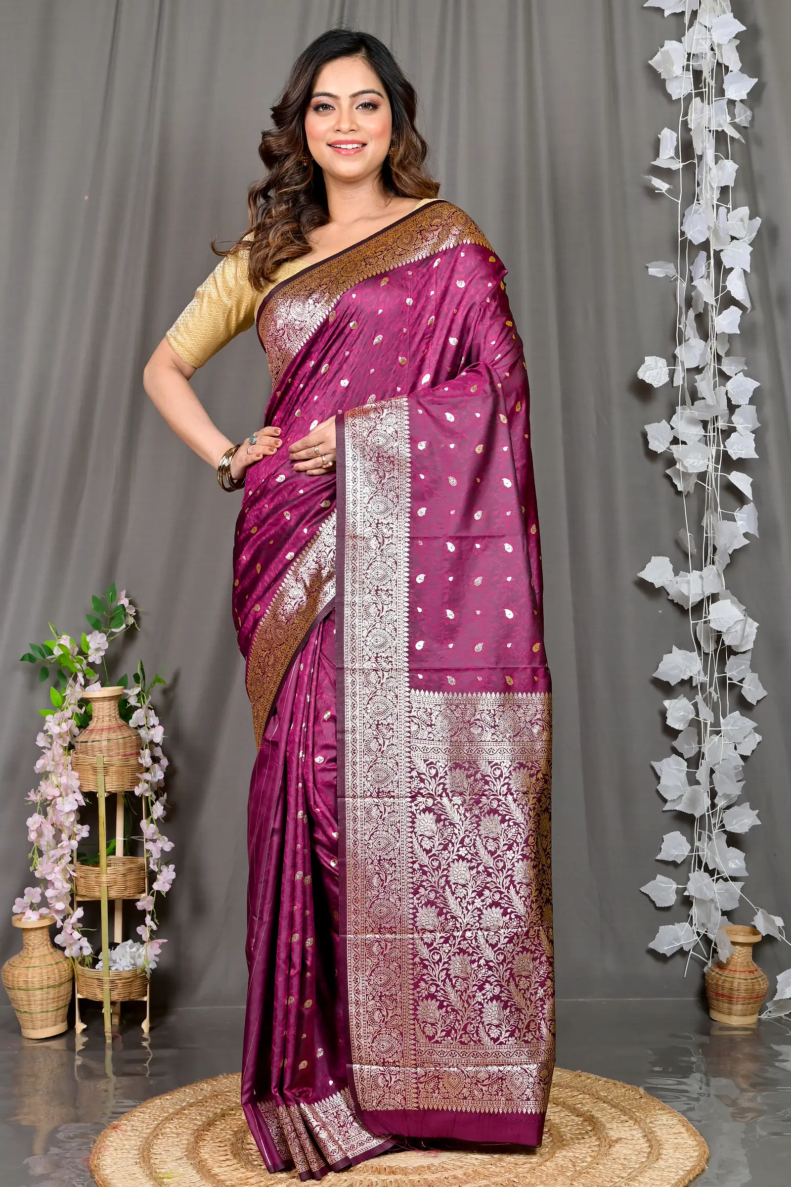 Maroon Cotton Silk Parova Tanchui Saree (512)