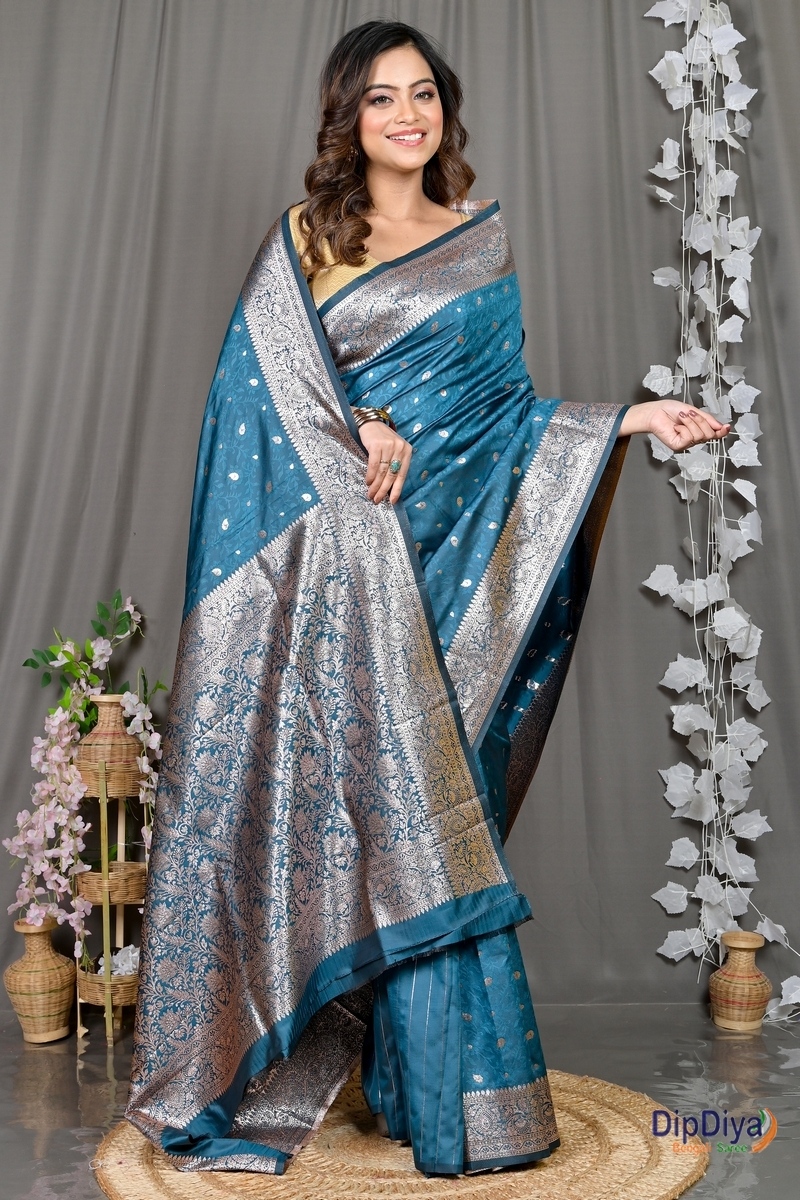 Turquoise Blue Cotton Silk Parova Tanchui Saree (513)