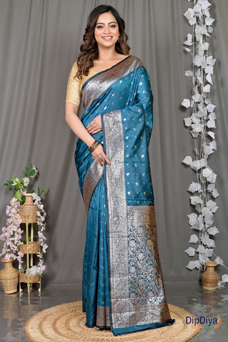 Turquoise Blue Cotton Silk Parova Tanchui Saree (513)