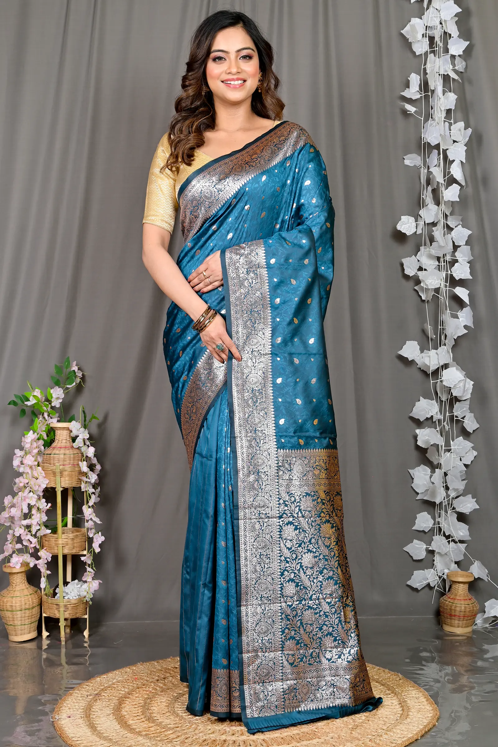 Turquoise Blue Cotton Silk Parova Tanchui Saree (513)