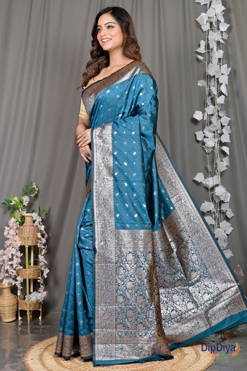 Turquoise Blue Cotton Silk Parova Tanchui Saree (513)