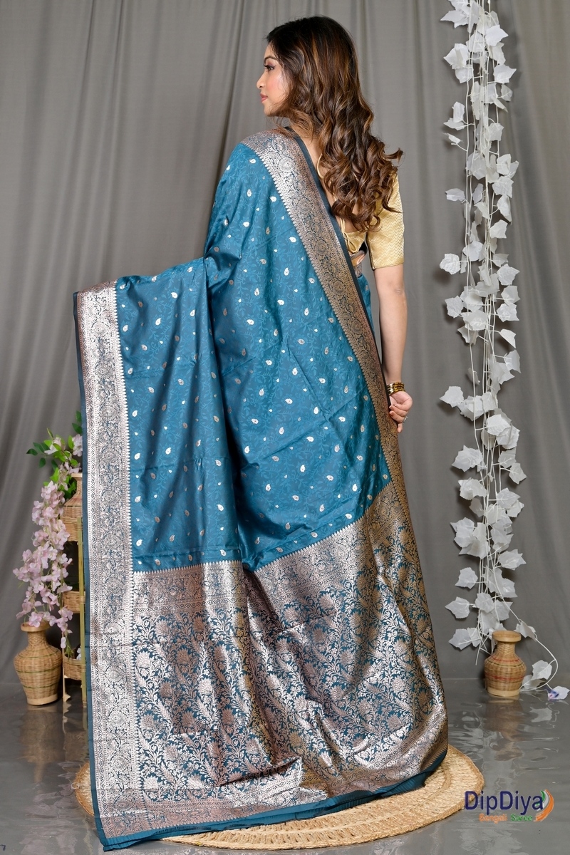 Turquoise Blue Cotton Silk Parova Tanchui Saree (513)