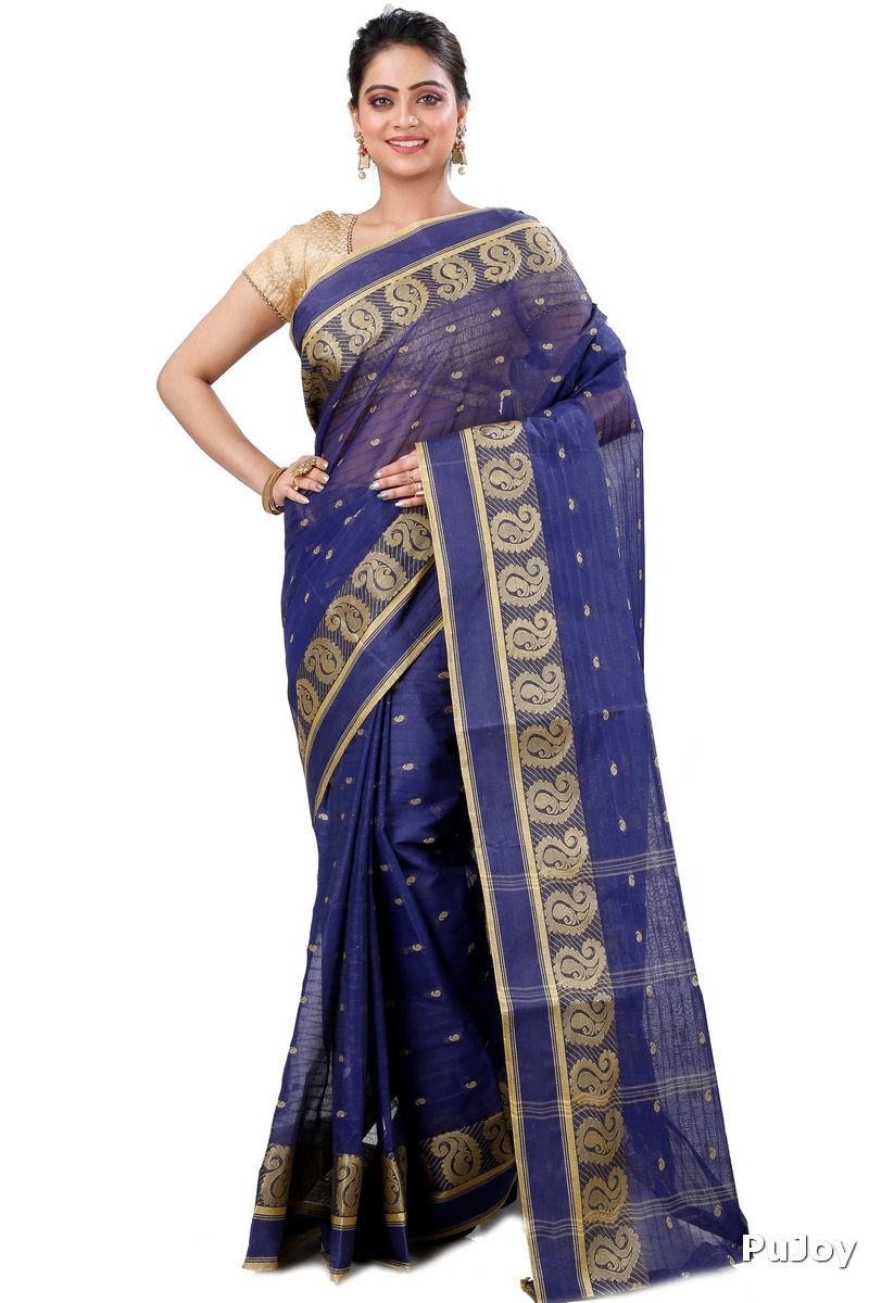 Naby Blue Pure Cotton Kolka_Guti Tant Saree (5132)