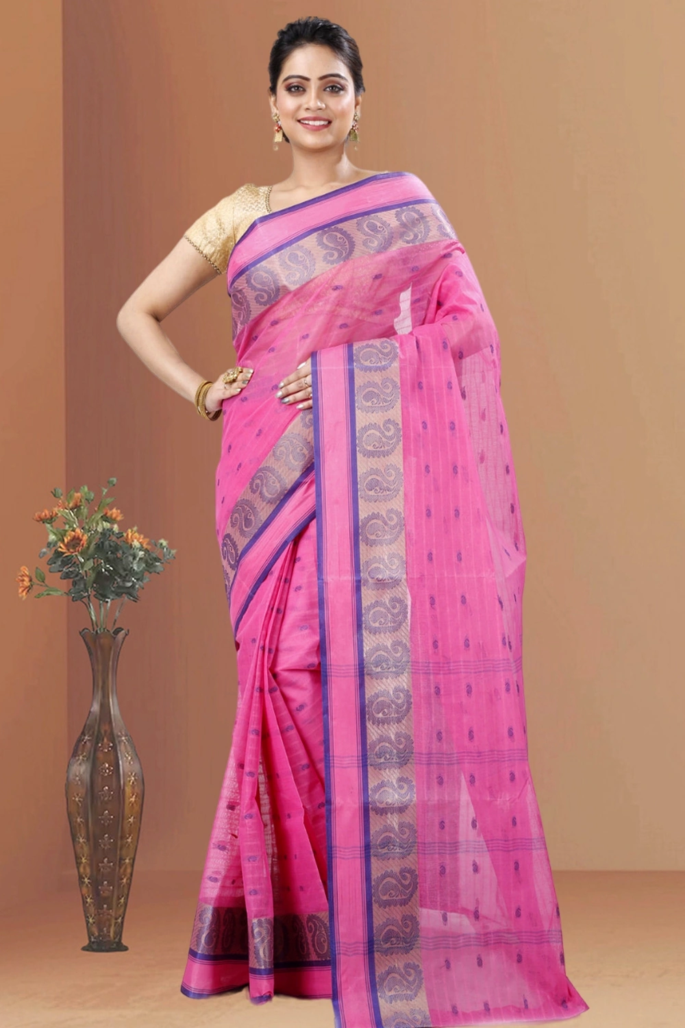 Pink Pure Cotton Kolka_Guti Tant Saree (5133)