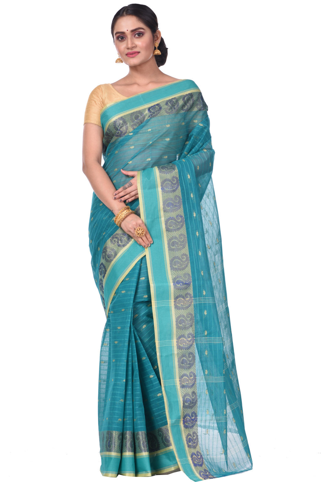 Dark Green Pure Cotton Kolka_Guti Tant Saree (5134)