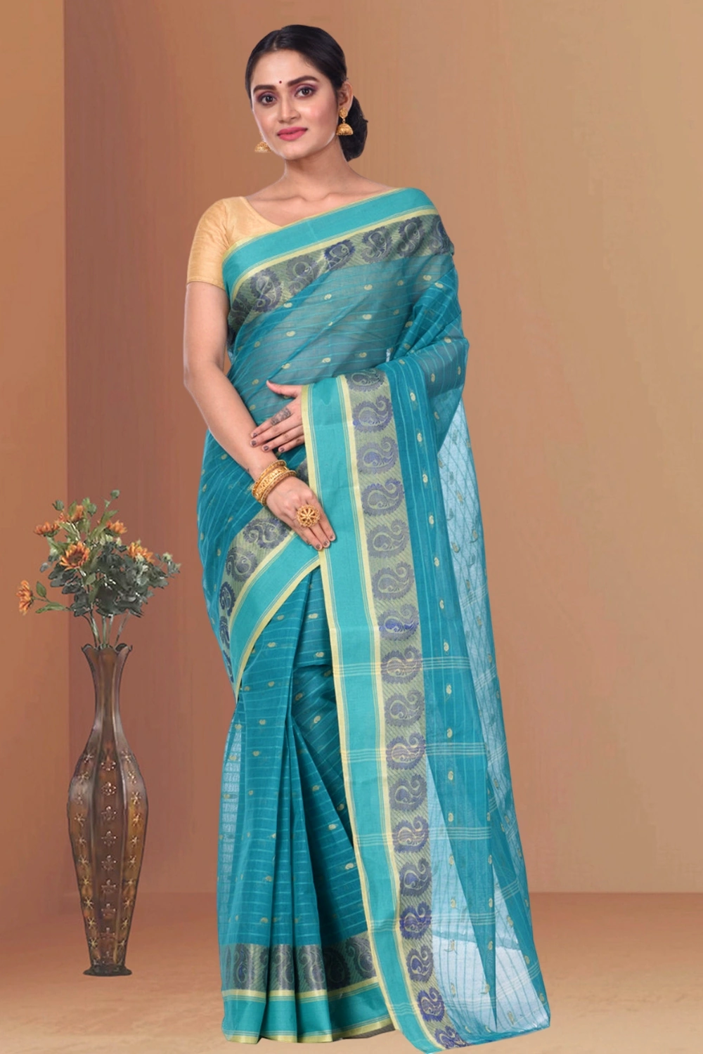 Dark Green Pure Cotton Kolka_Guti Tant Saree (5134)