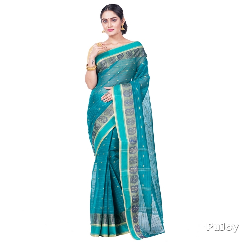 Dark Green Pure Cotton Kolka_Guti Tant Saree (5134)