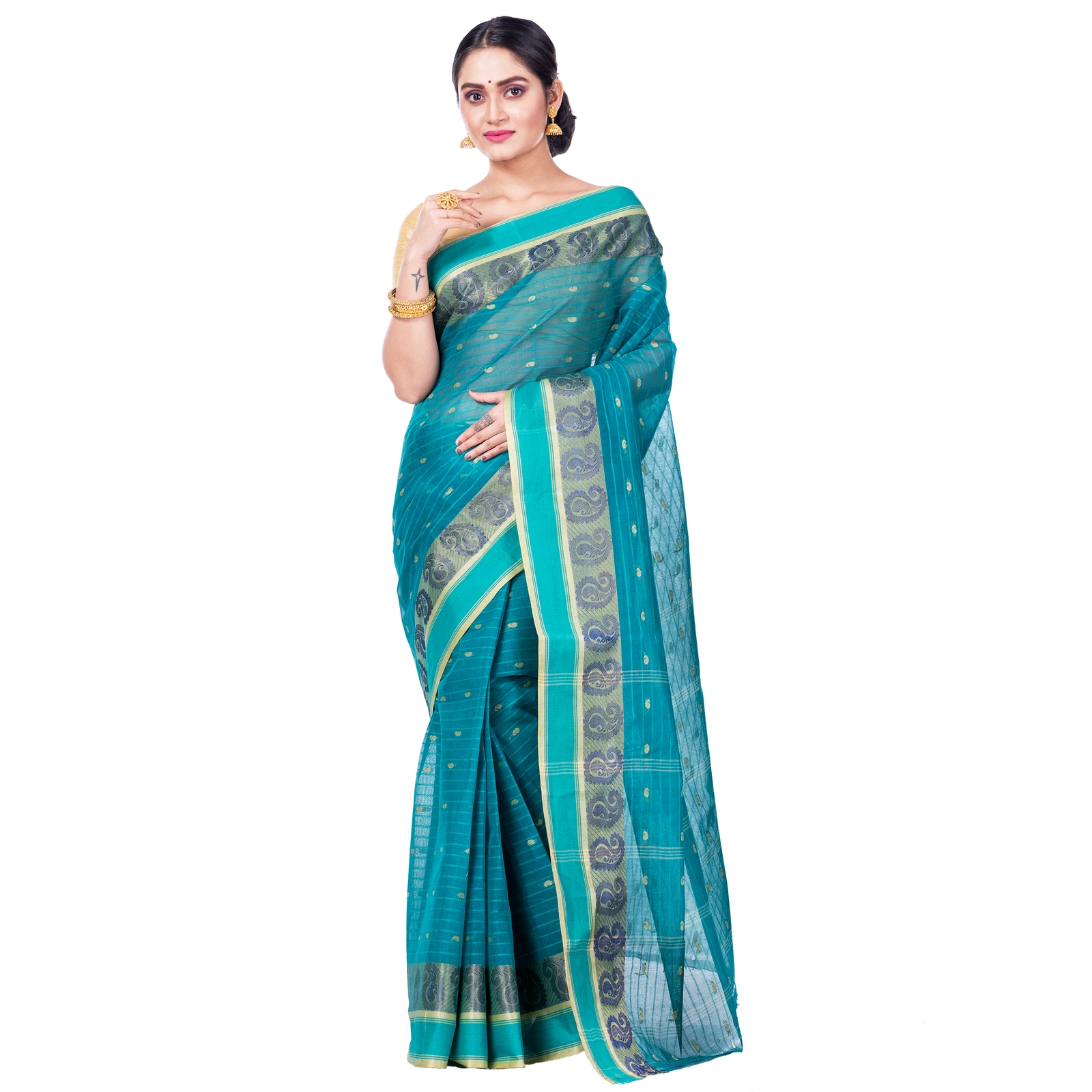 Dark Green Pure Cotton Kolka_Guti Tant Saree (5134)