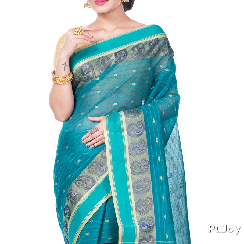 Dark Green Pure Cotton Kolka_Guti Tant Saree (5134)