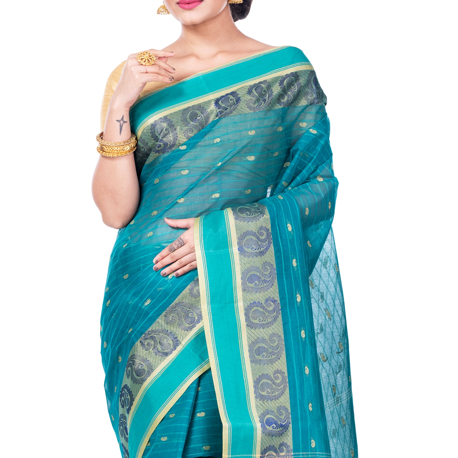 Dark Green Pure Cotton Kolka_Guti Tant Saree (5134)