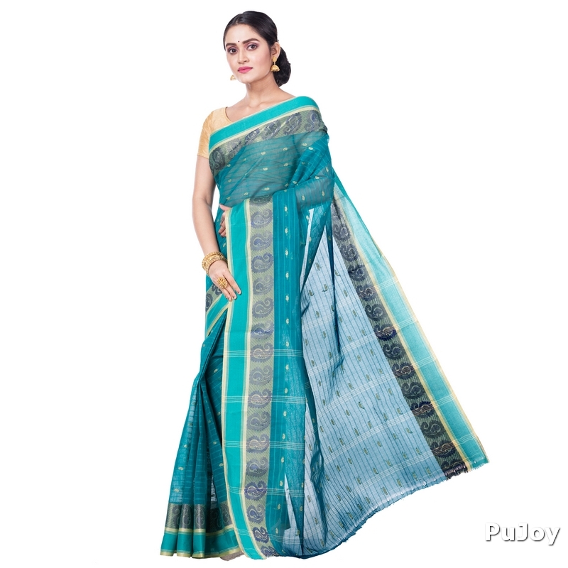 Dark Green Pure Cotton Kolka_Guti Tant Saree (5134)