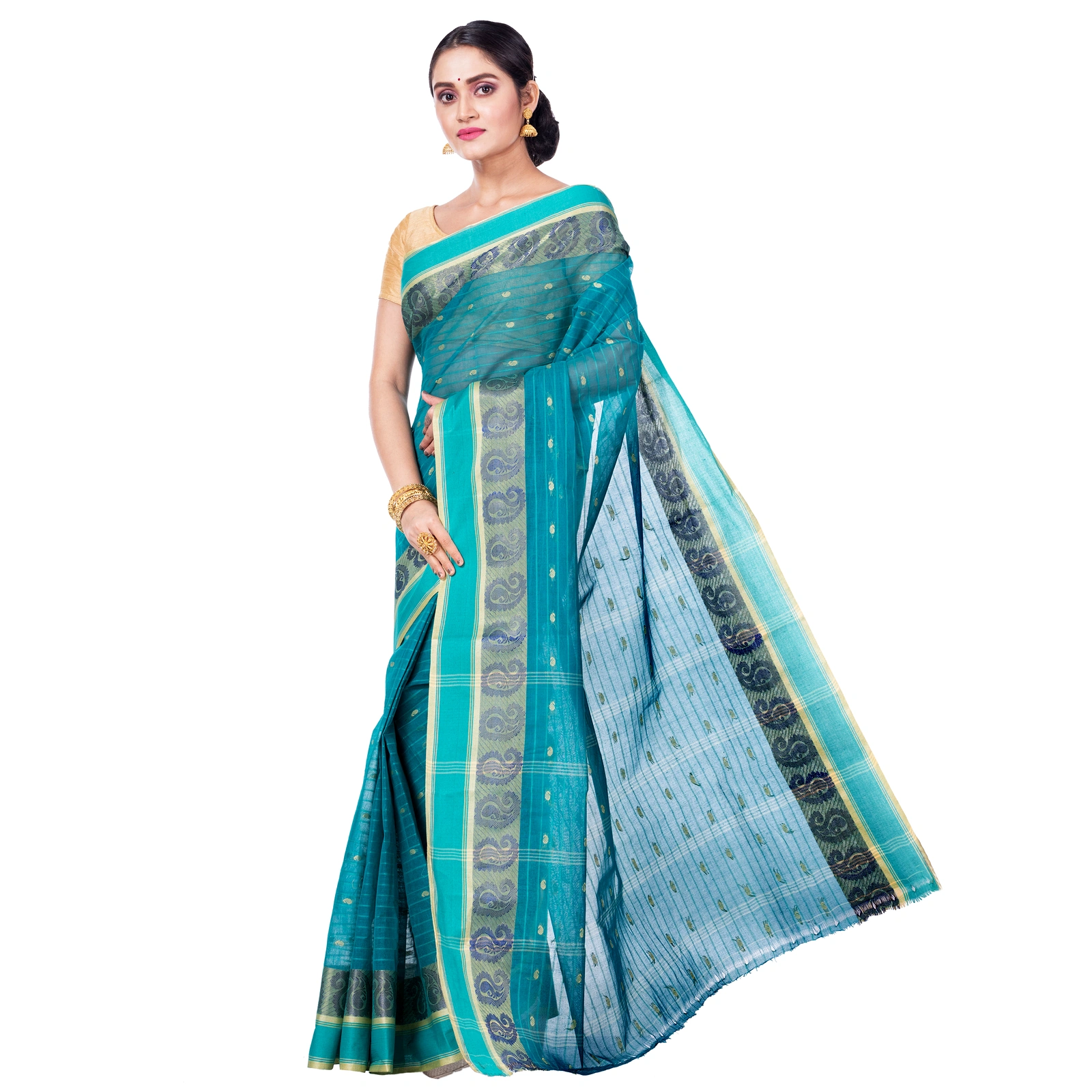 Dark Green Pure Cotton Kolka_Guti Tant Saree (5134)