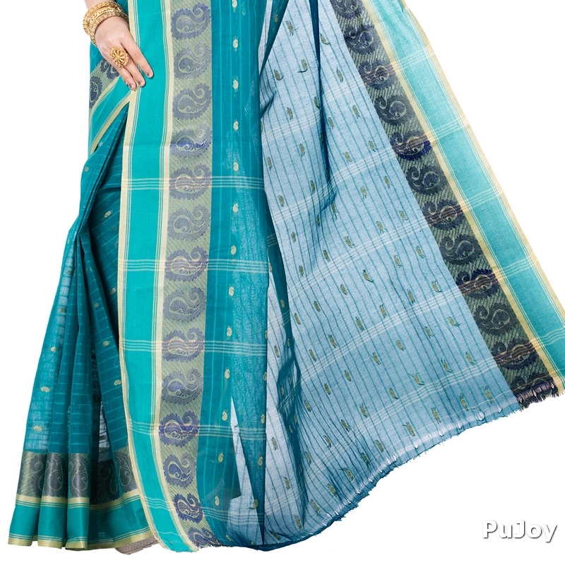 Dark Green Pure Cotton Kolka_Guti Tant Saree (5134)