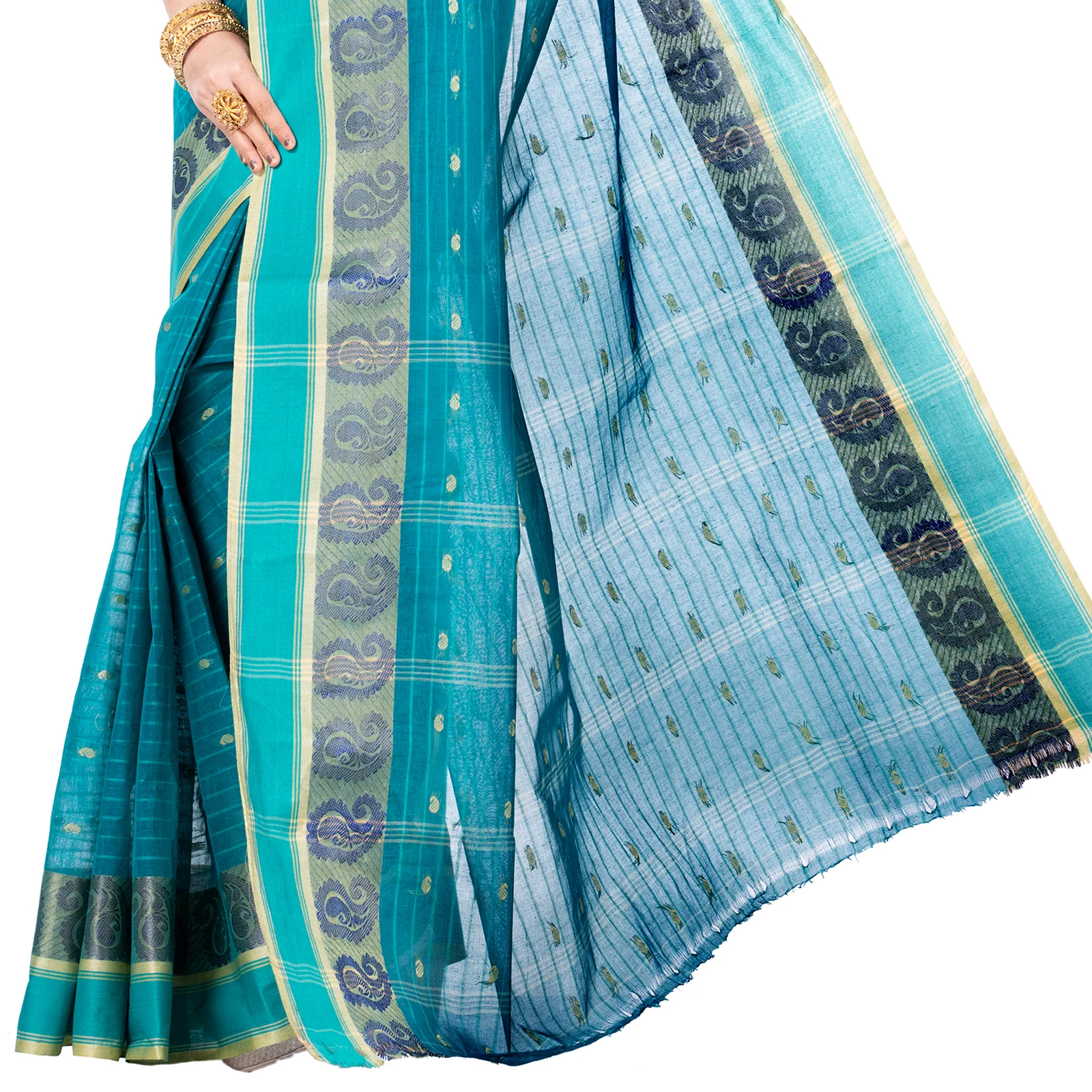 Dark Green Pure Cotton Kolka_Guti Tant Saree (5134)