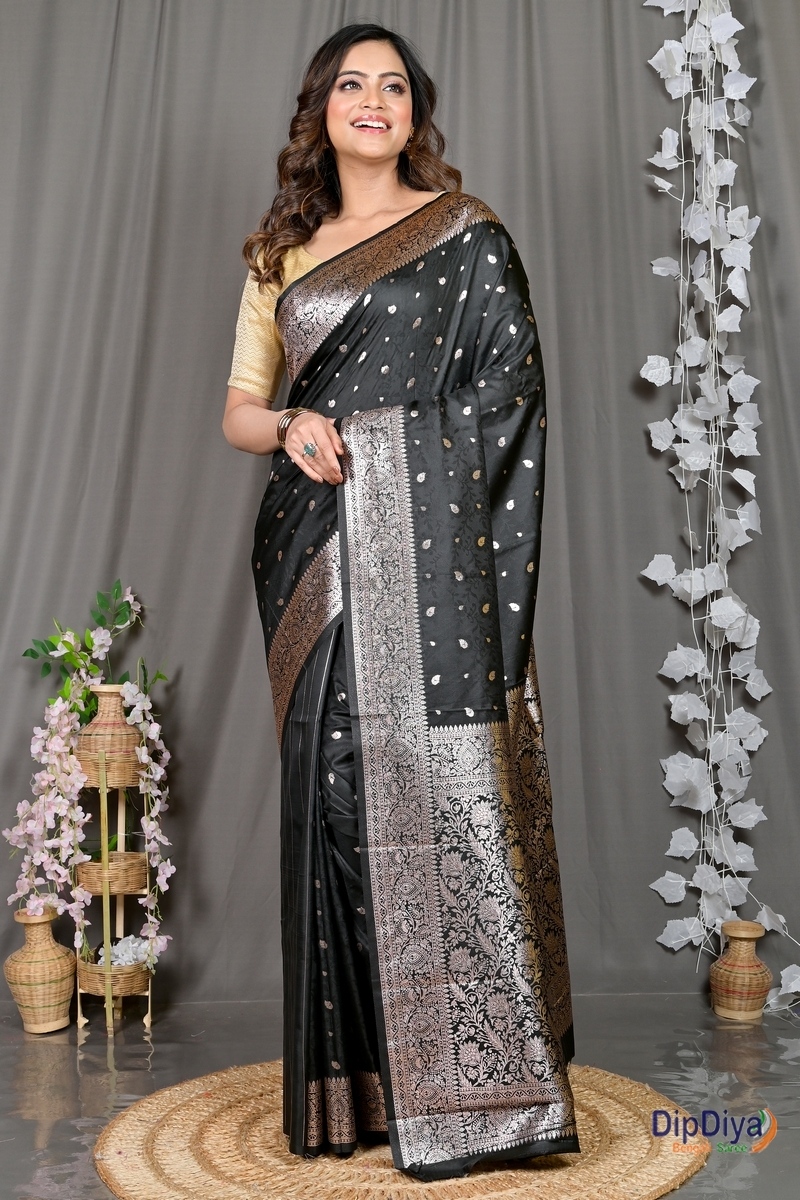 Black Cotton Silk Parova Tanchui Saree (514)