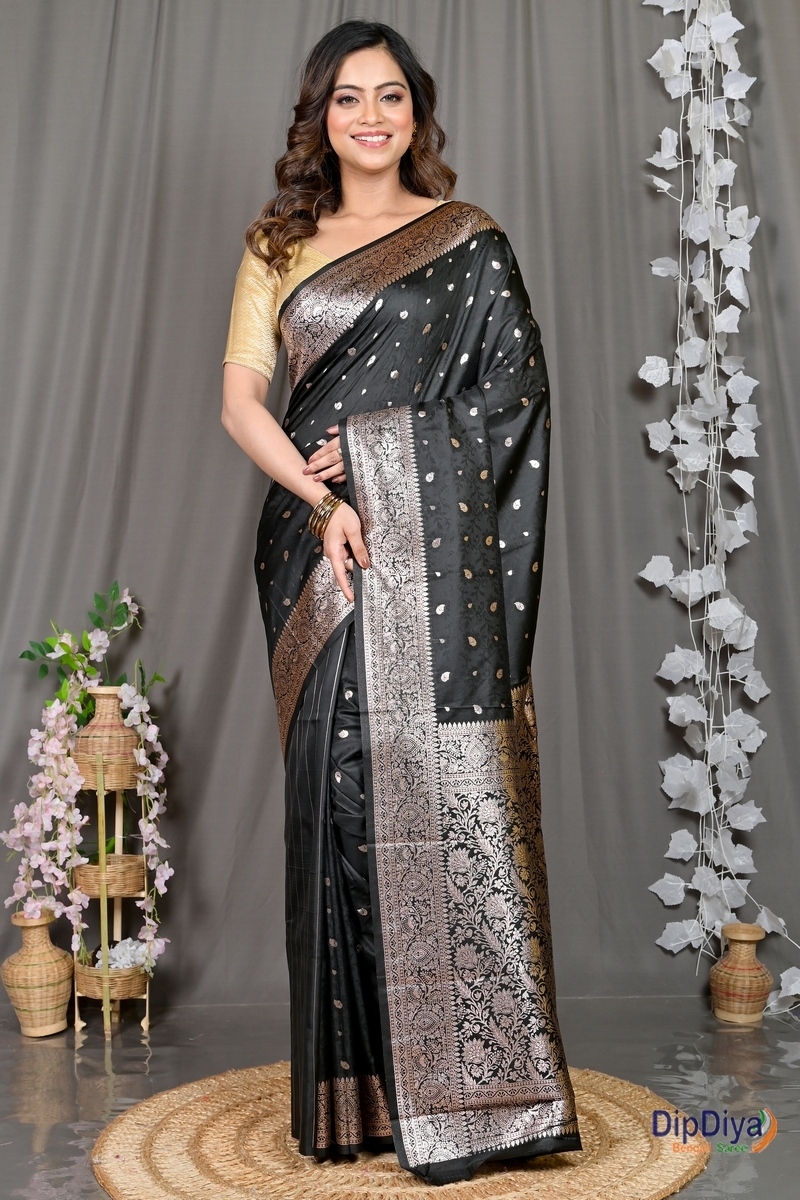Black Cotton Silk Parova Tanchui Saree (514)