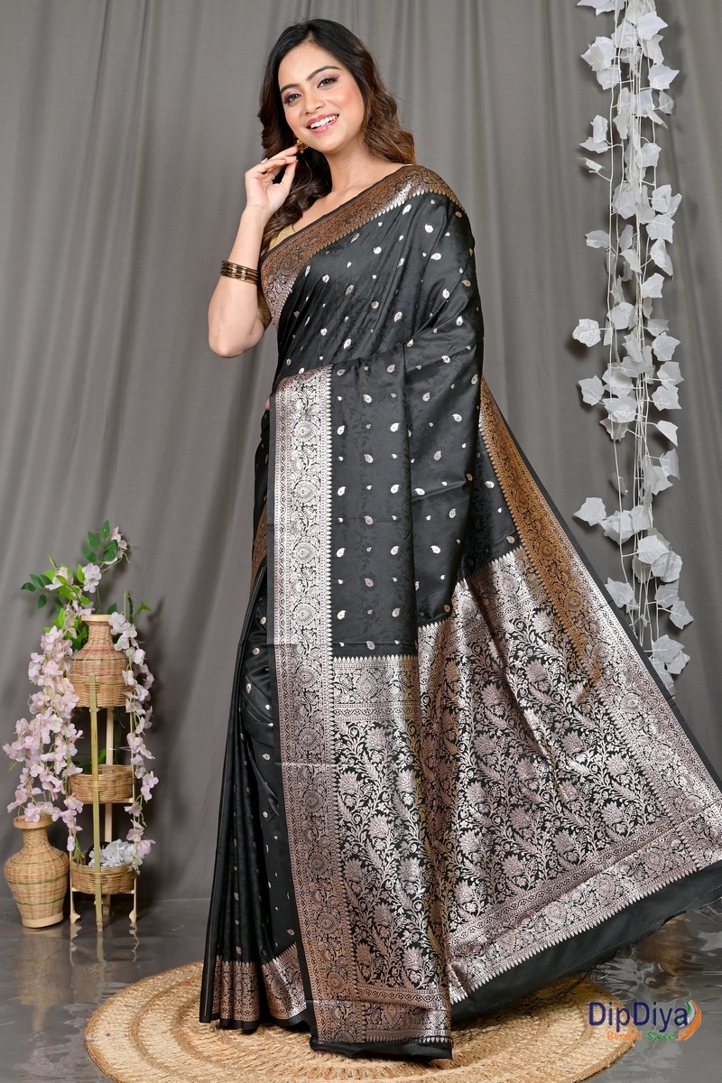 Black Cotton Silk Parova Tanchui Saree (514)