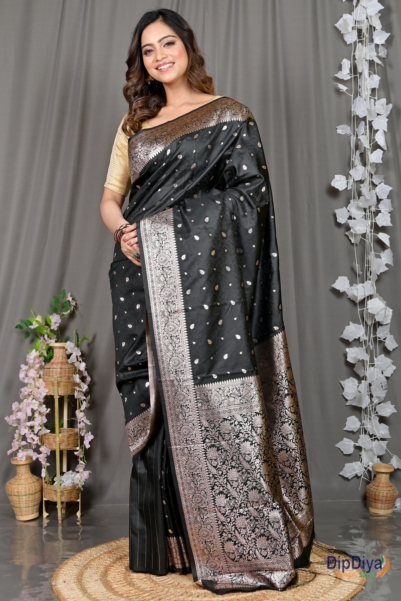 Black Cotton Silk Parova Tanchui Saree (514)