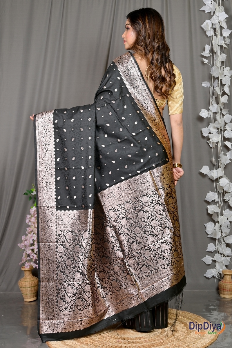 Black Cotton Silk Parova Tanchui Saree (514)