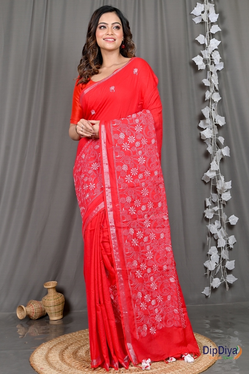 Red Cotton Blended Paru Hand Loom Saree (516)