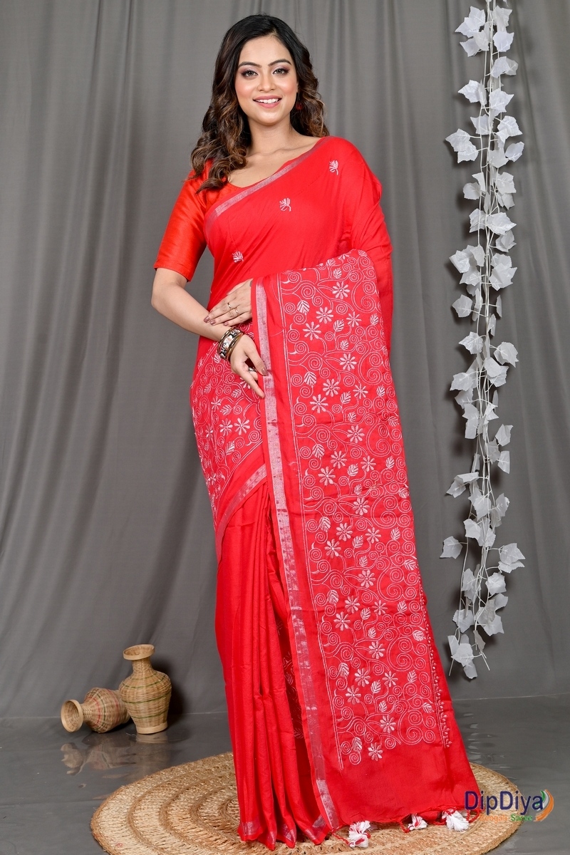 Red Cotton Blended Paru Hand Loom Saree (516)