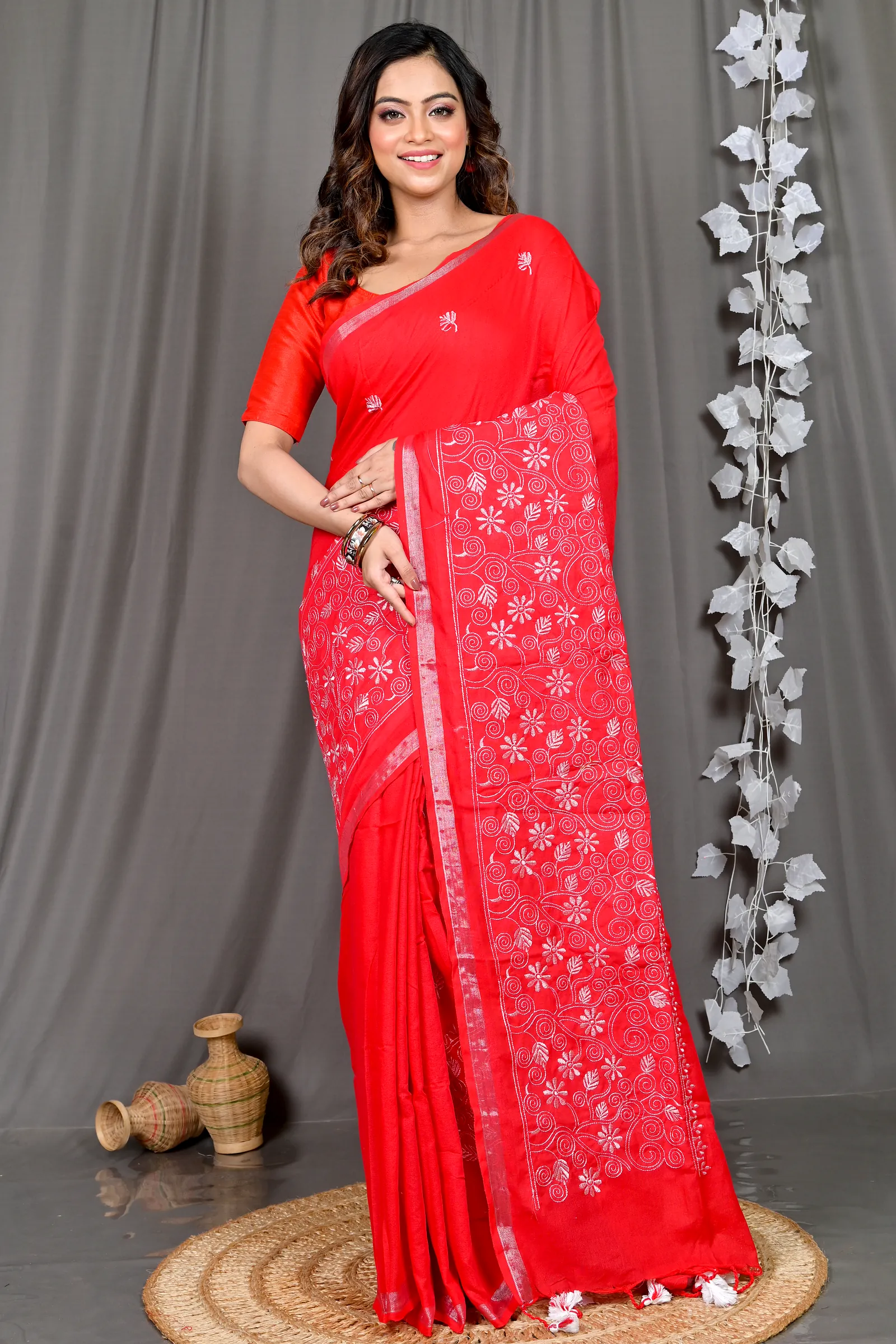 Red Cotton Blended Paru Hand Loom Saree (516)