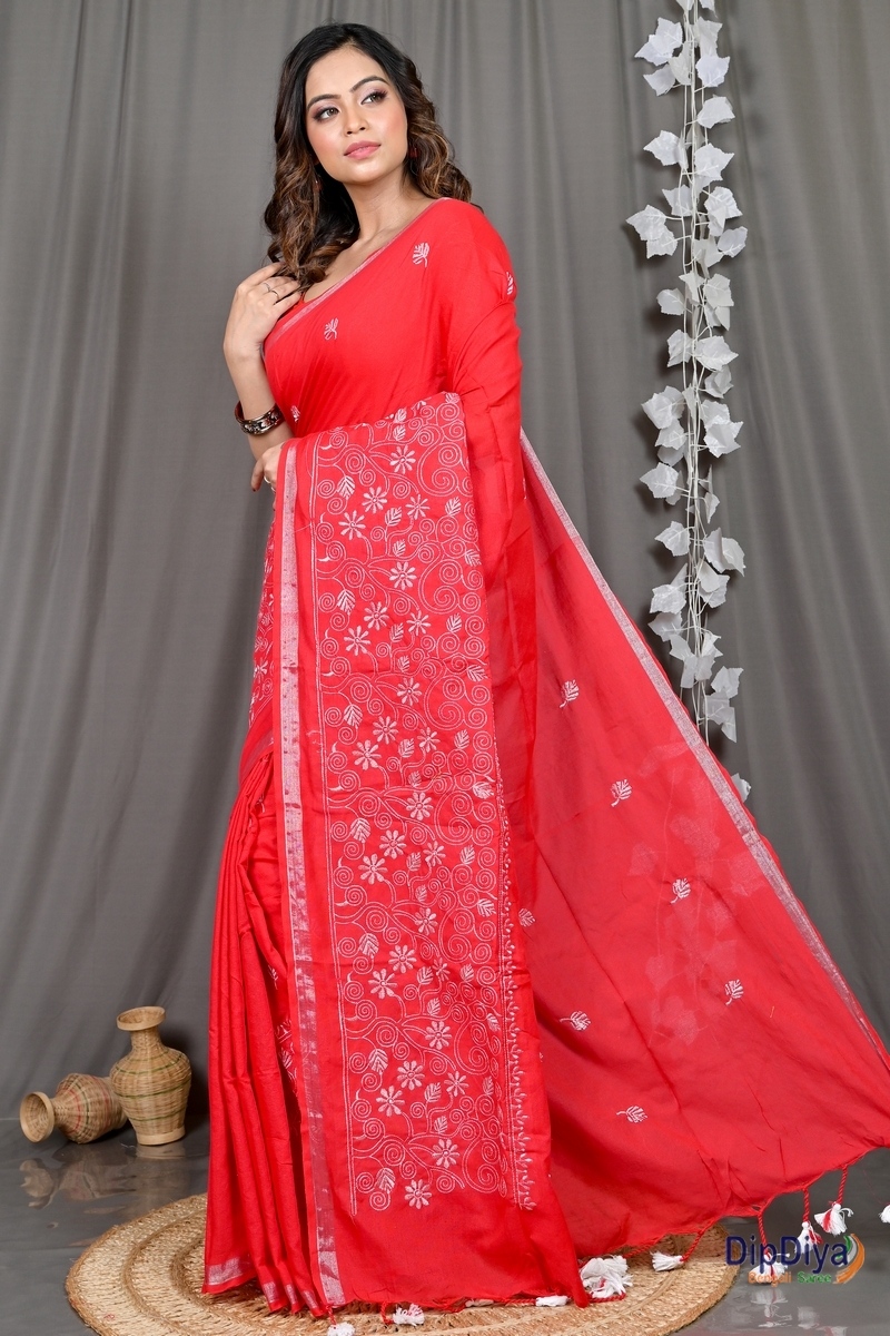 Red Cotton Blended Paru Hand Loom Saree (516)