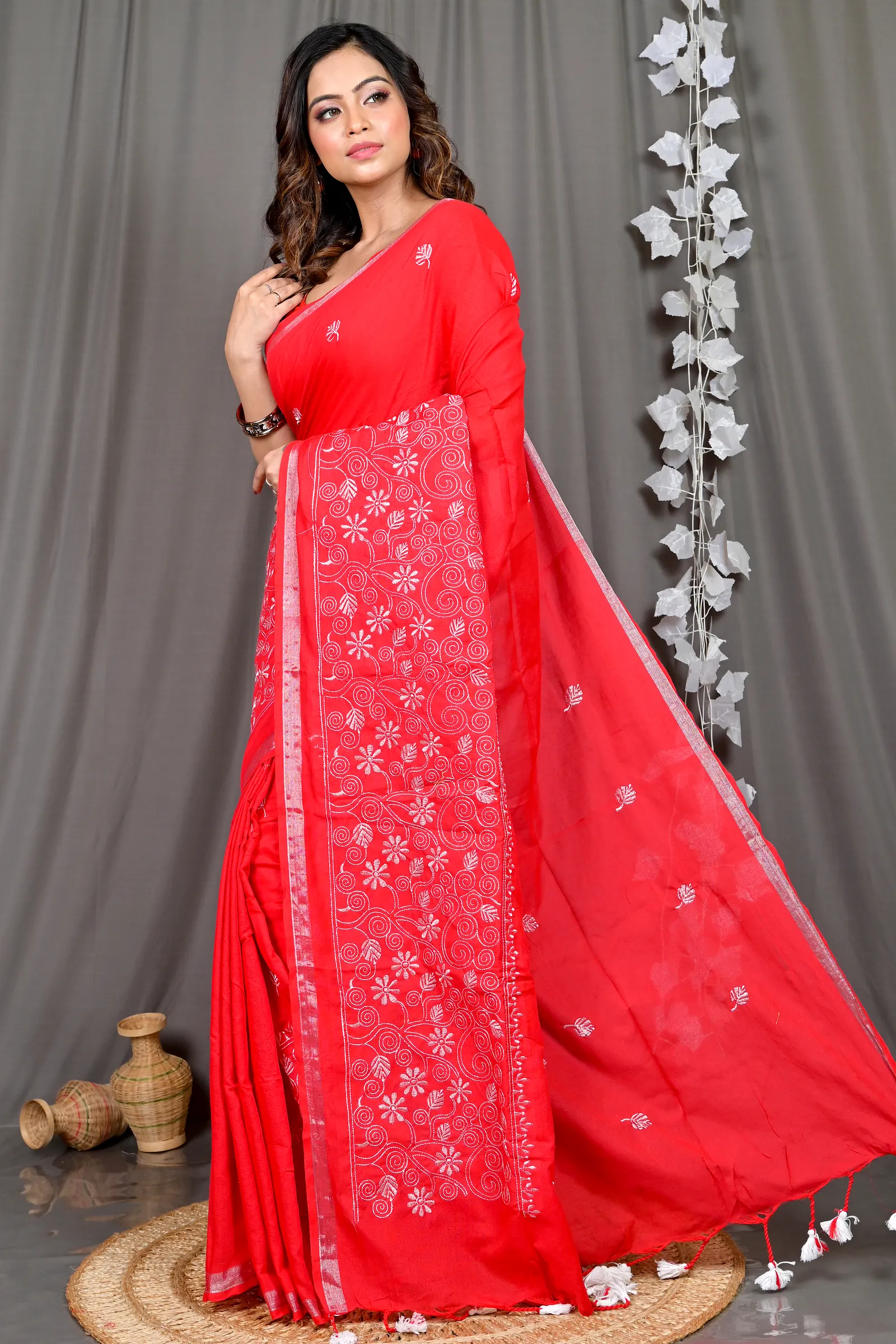 Red Cotton Blended Paru Hand Loom Saree (516)