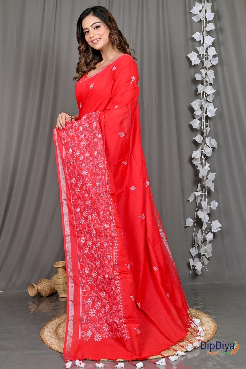 Red Cotton Blended Paru Hand Loom Saree (516)