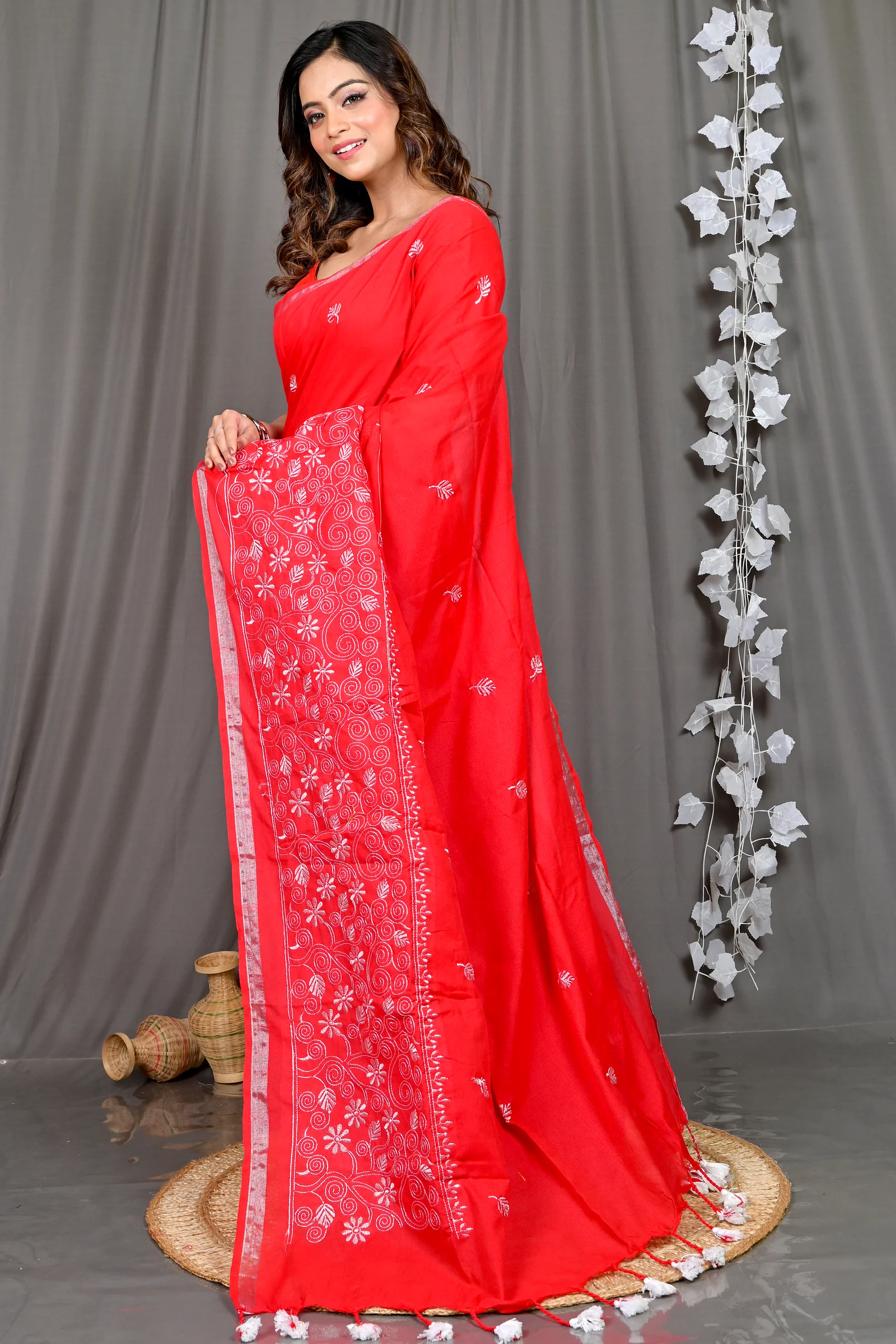 Red Cotton Blended Paru Hand Loom Saree (516)