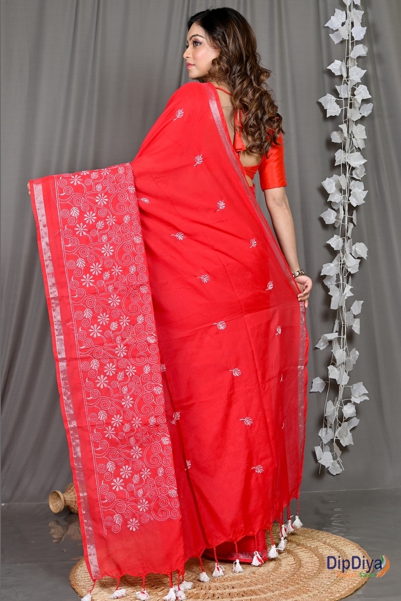Red Cotton Blended Paru Hand Loom Saree (516)