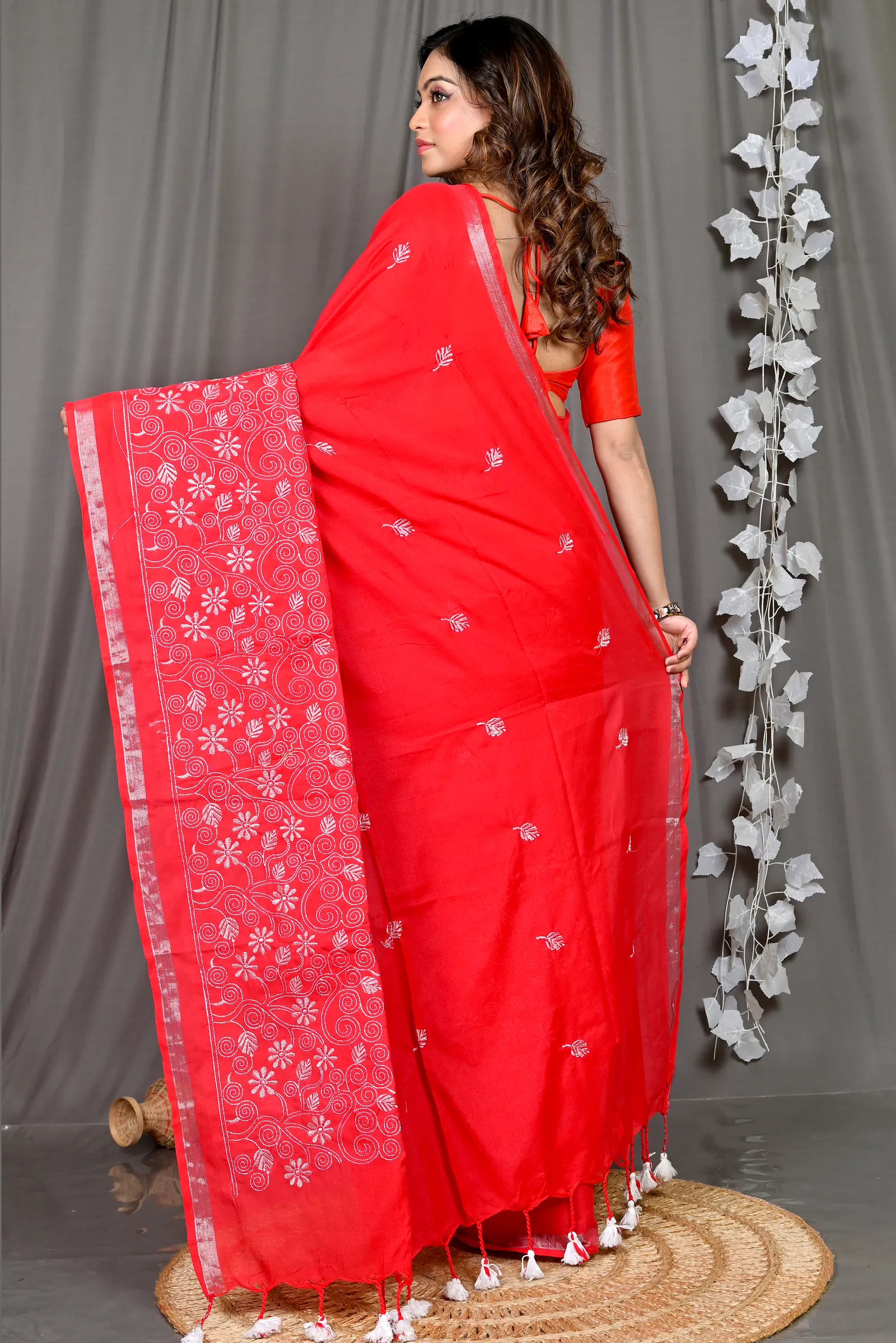 Red Cotton Blended Paru Hand Loom Saree (516)