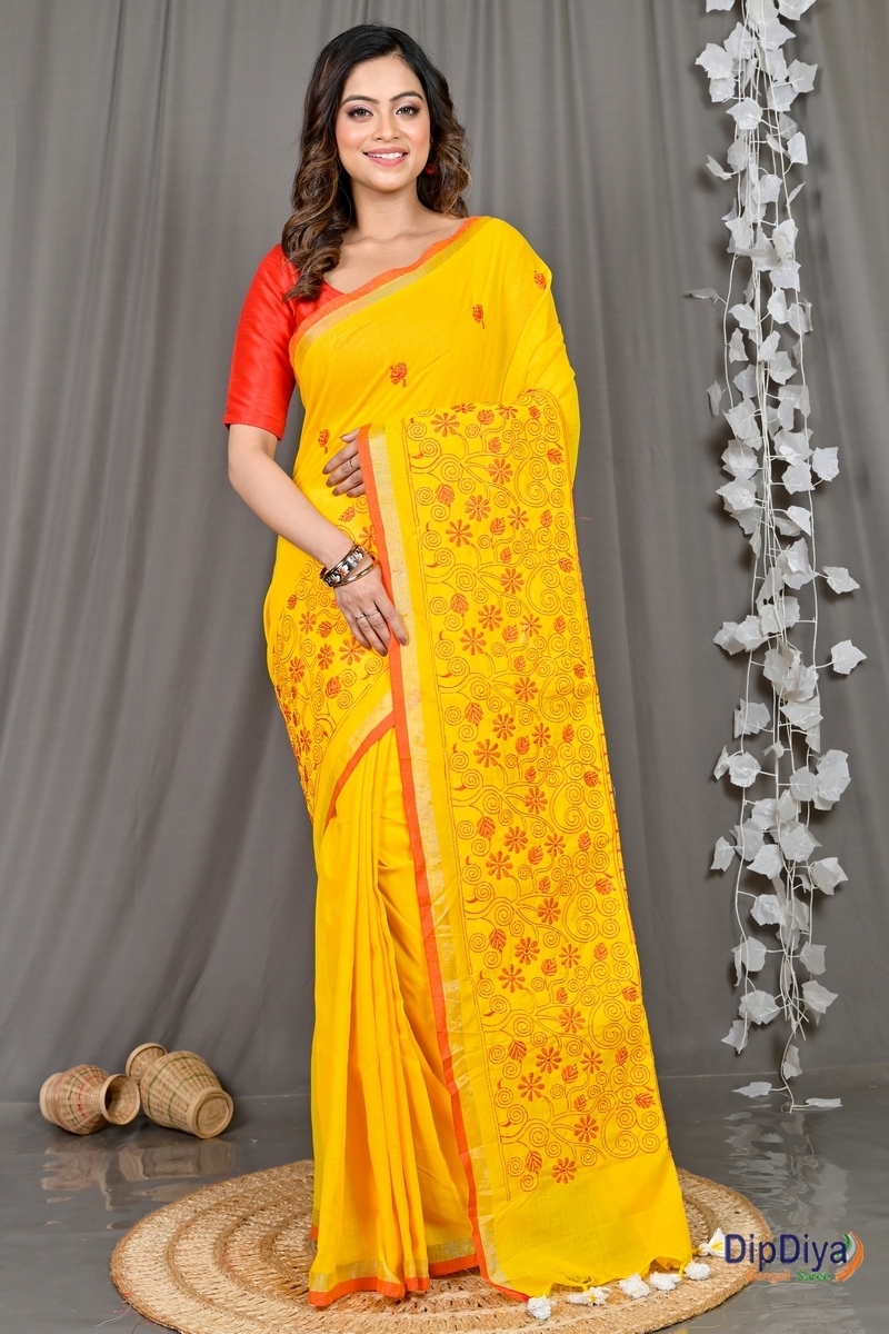 Yellow Cotton Blended Paru Hand Loom Saree (517)