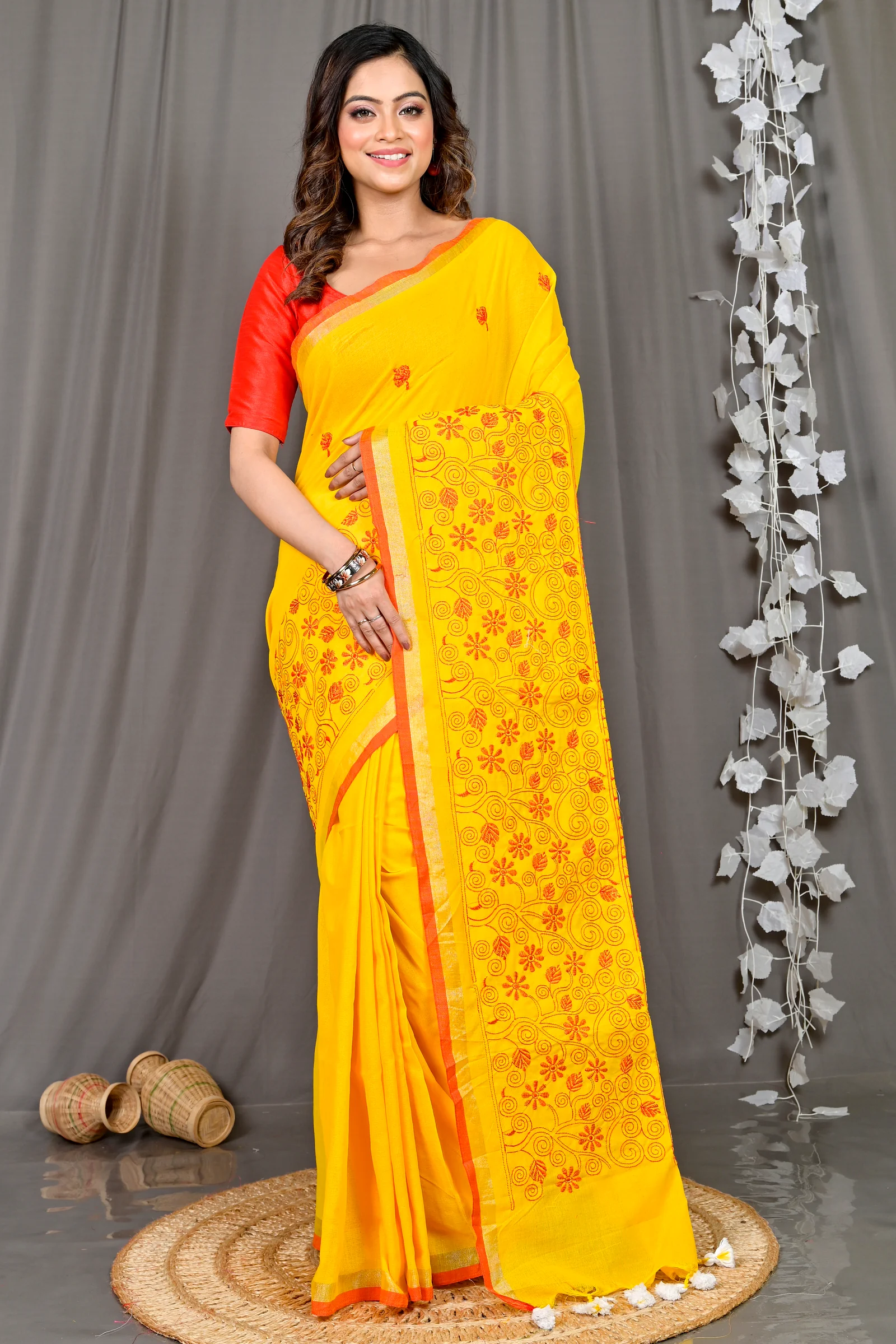Yellow Cotton Blended Paru Hand Loom Saree (517)