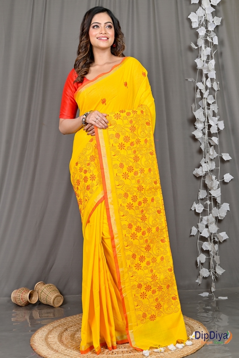 Yellow Cotton Blended Paru Hand Loom Saree (517)