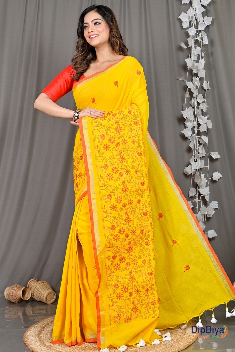 Yellow Cotton Blended Paru Hand Loom Saree (517)