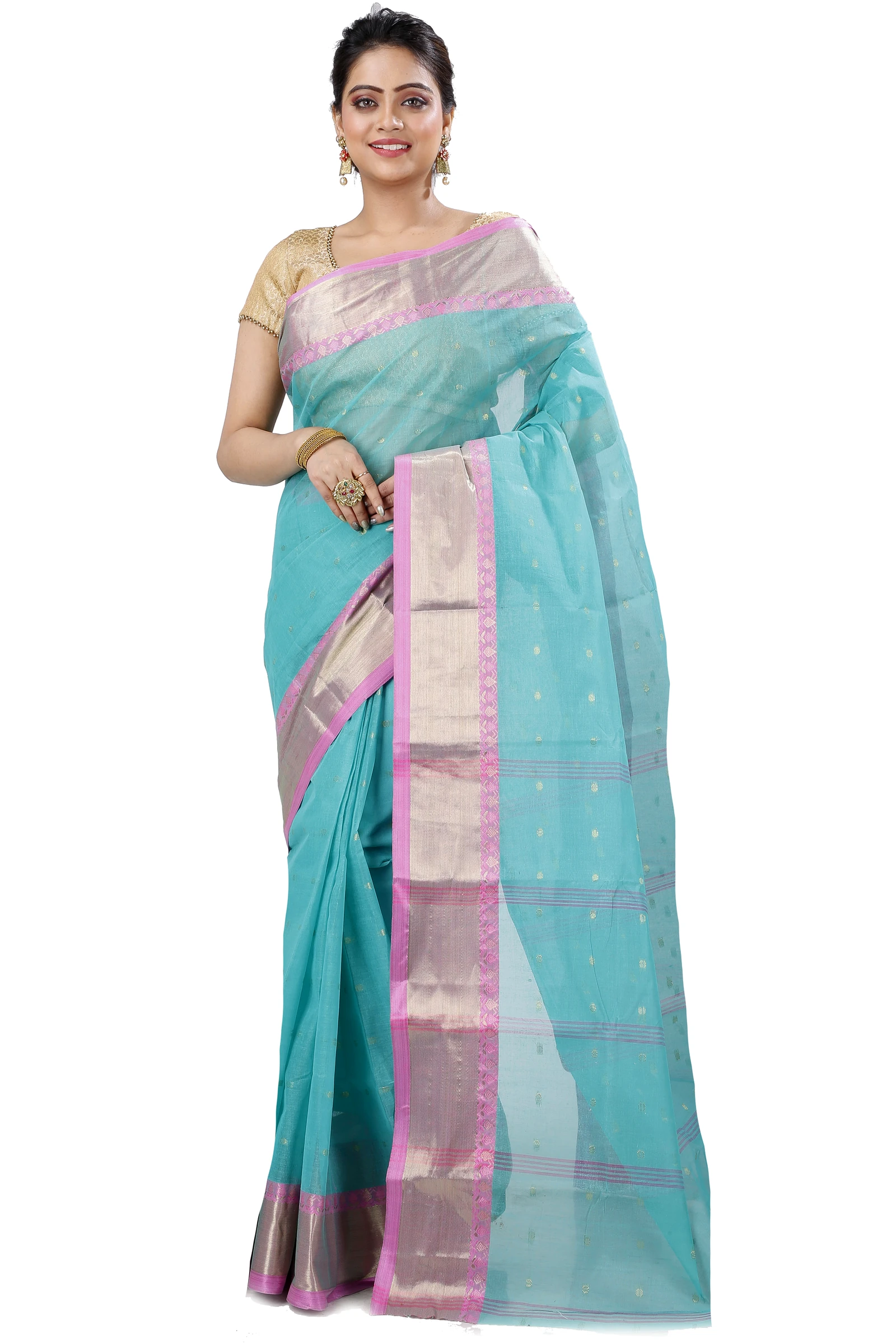 See Green Pure Cotton JoriPar Tant Saree (5176)