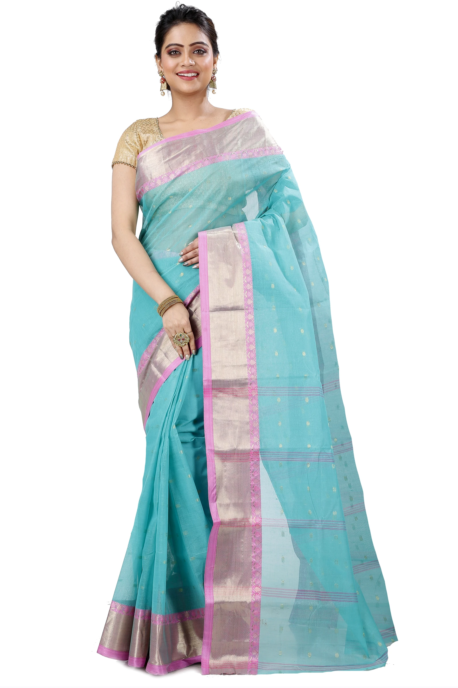 See Green Pure Cotton JoriPar Tant Saree (5176)