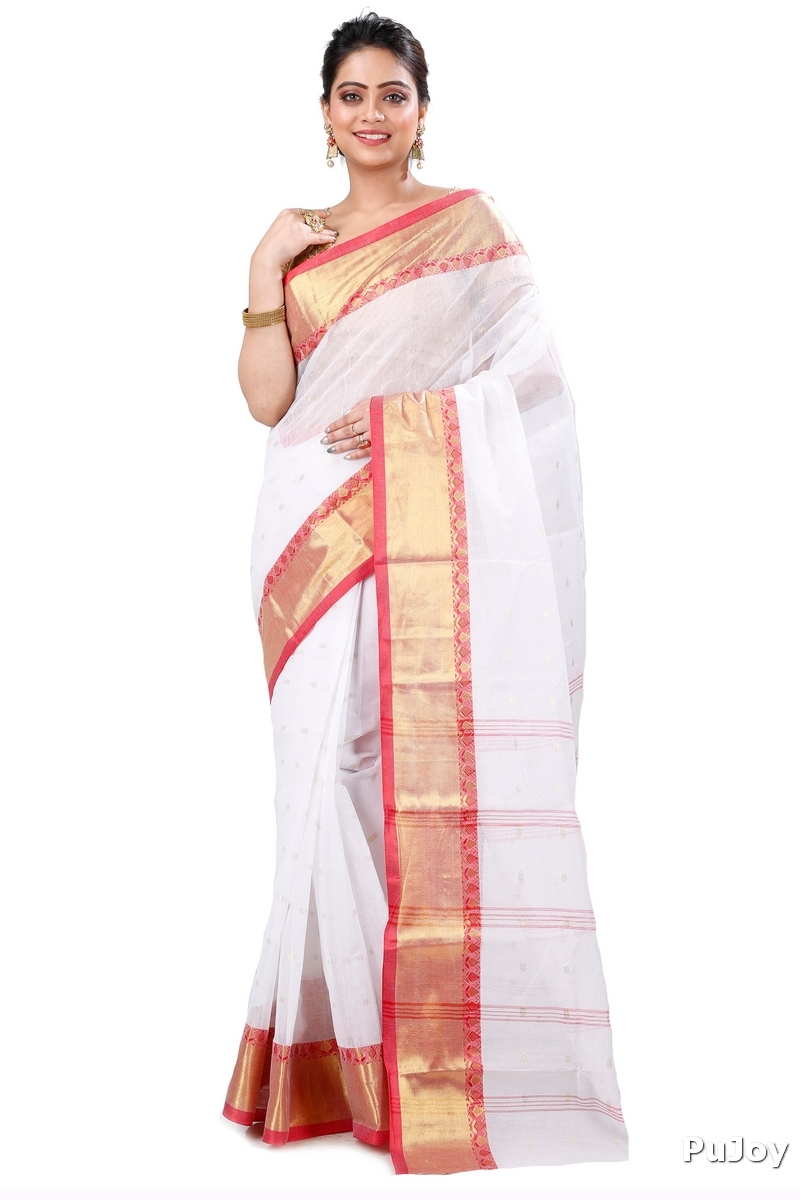 White Pure Cotton JoriPar Tant Saree (5177)