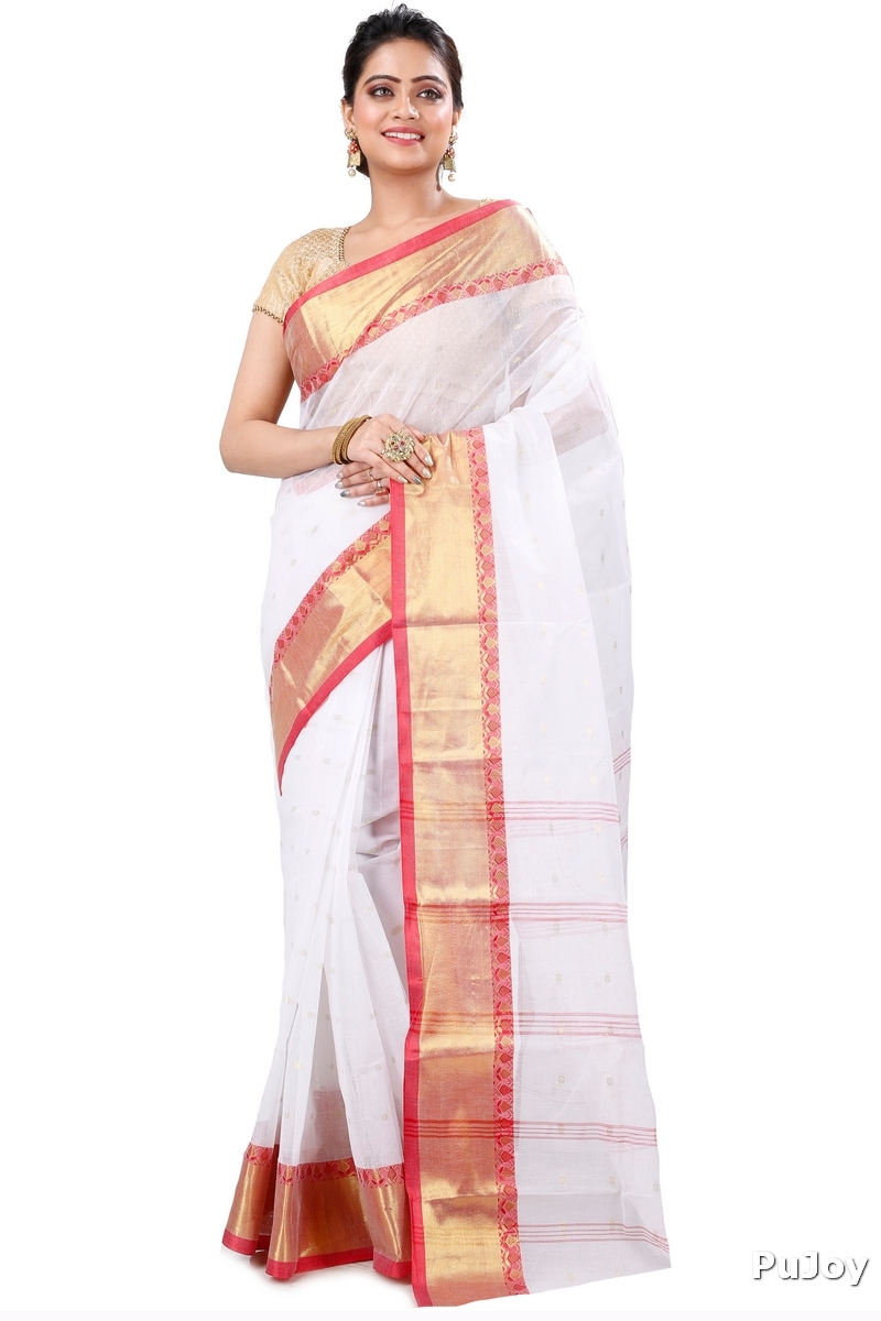 White Pure Cotton JoriPar Tant Saree (5177)
