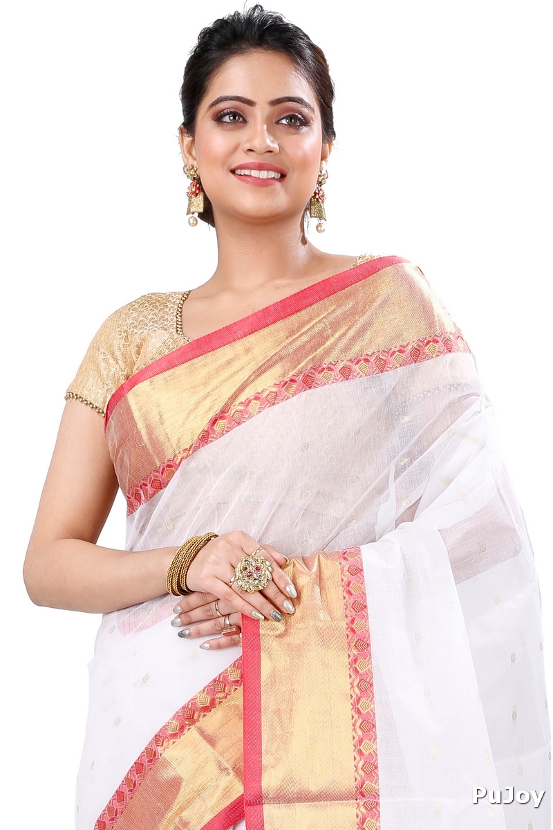 White Pure Cotton JoriPar Tant Saree (5177)