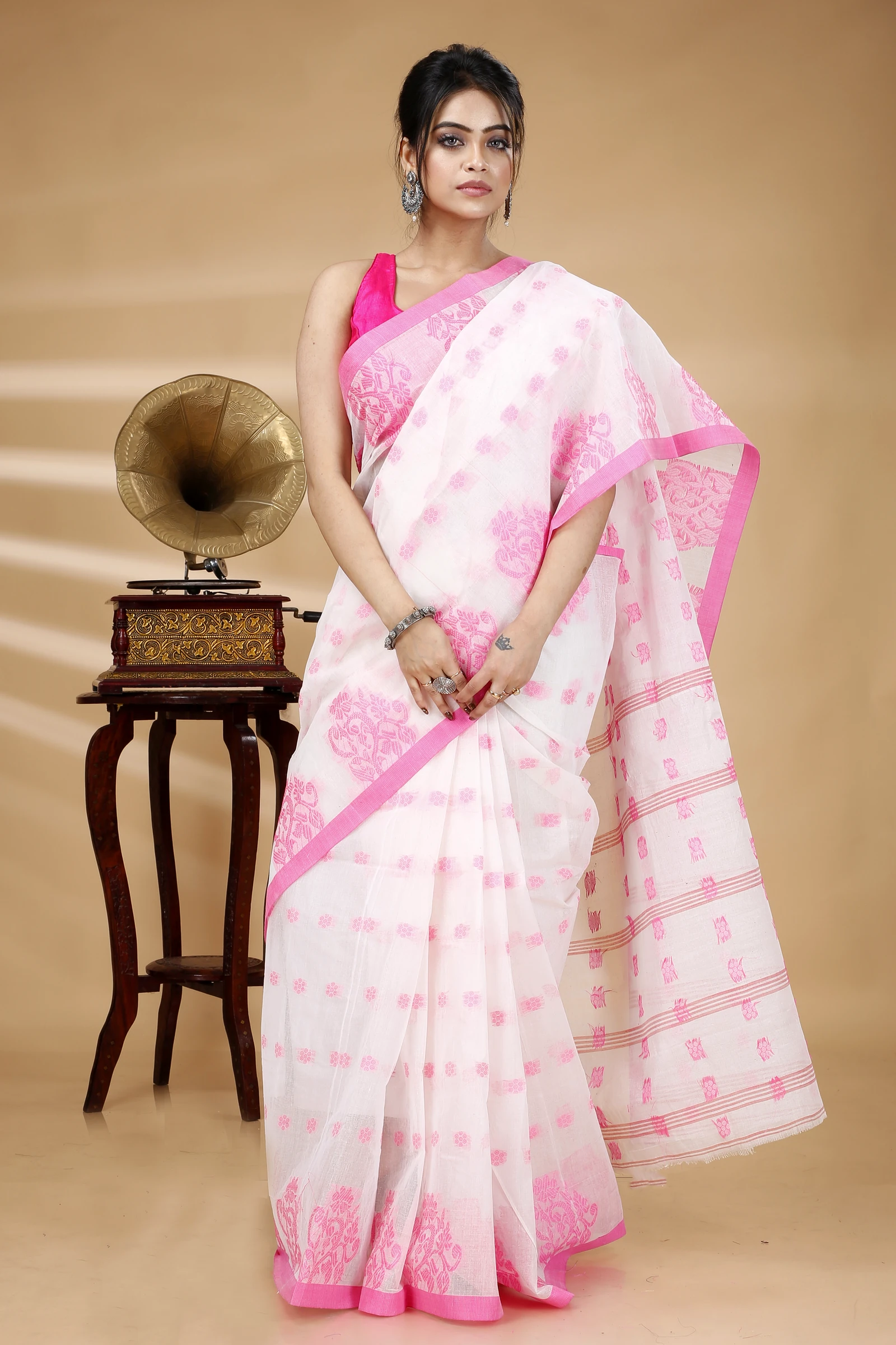 Pink Pure Cotton Botgach Tant Saree (518)